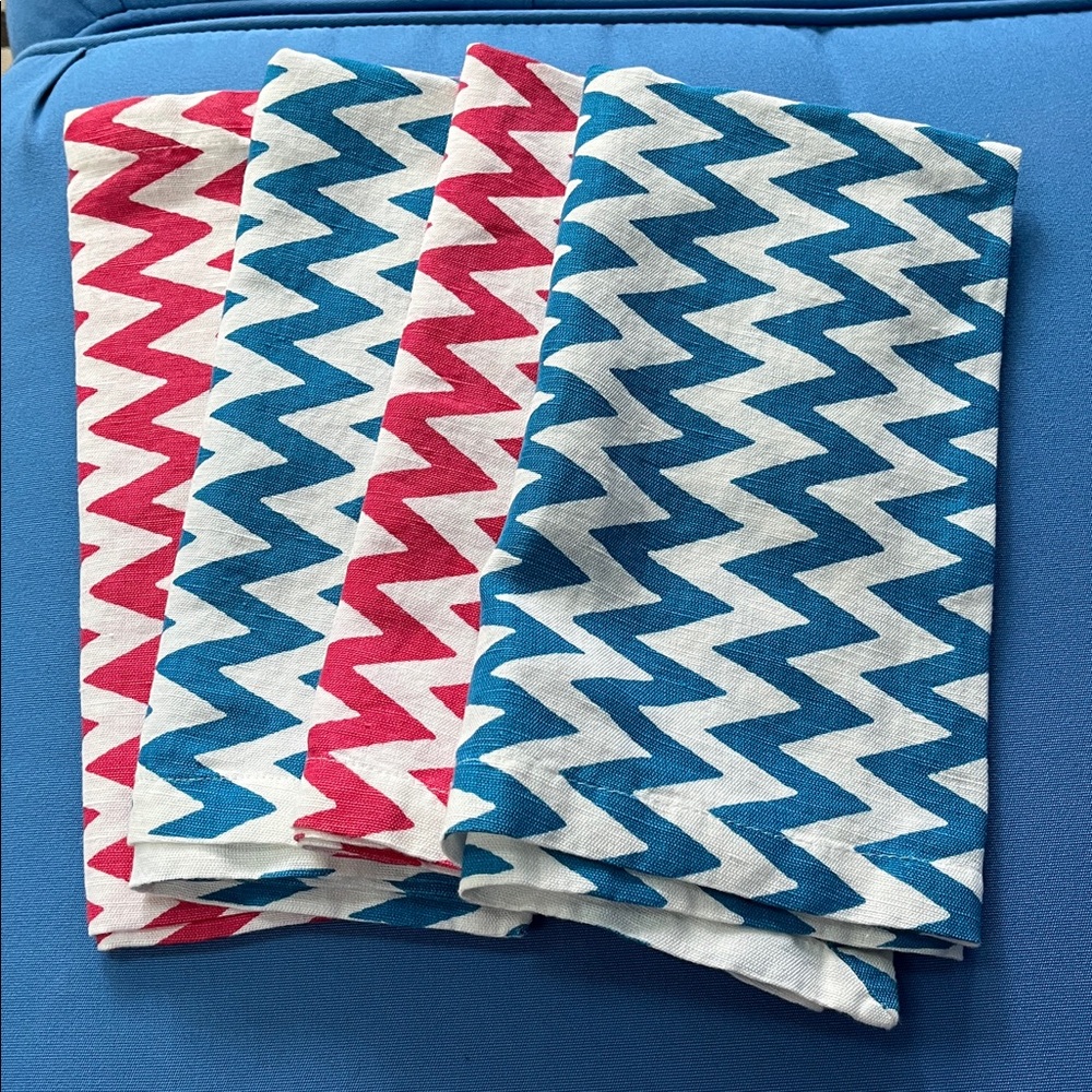 Pine Cone Hill Napkins Chevron Pattern Pink, Blue White Cotton Linen Blend NEW
